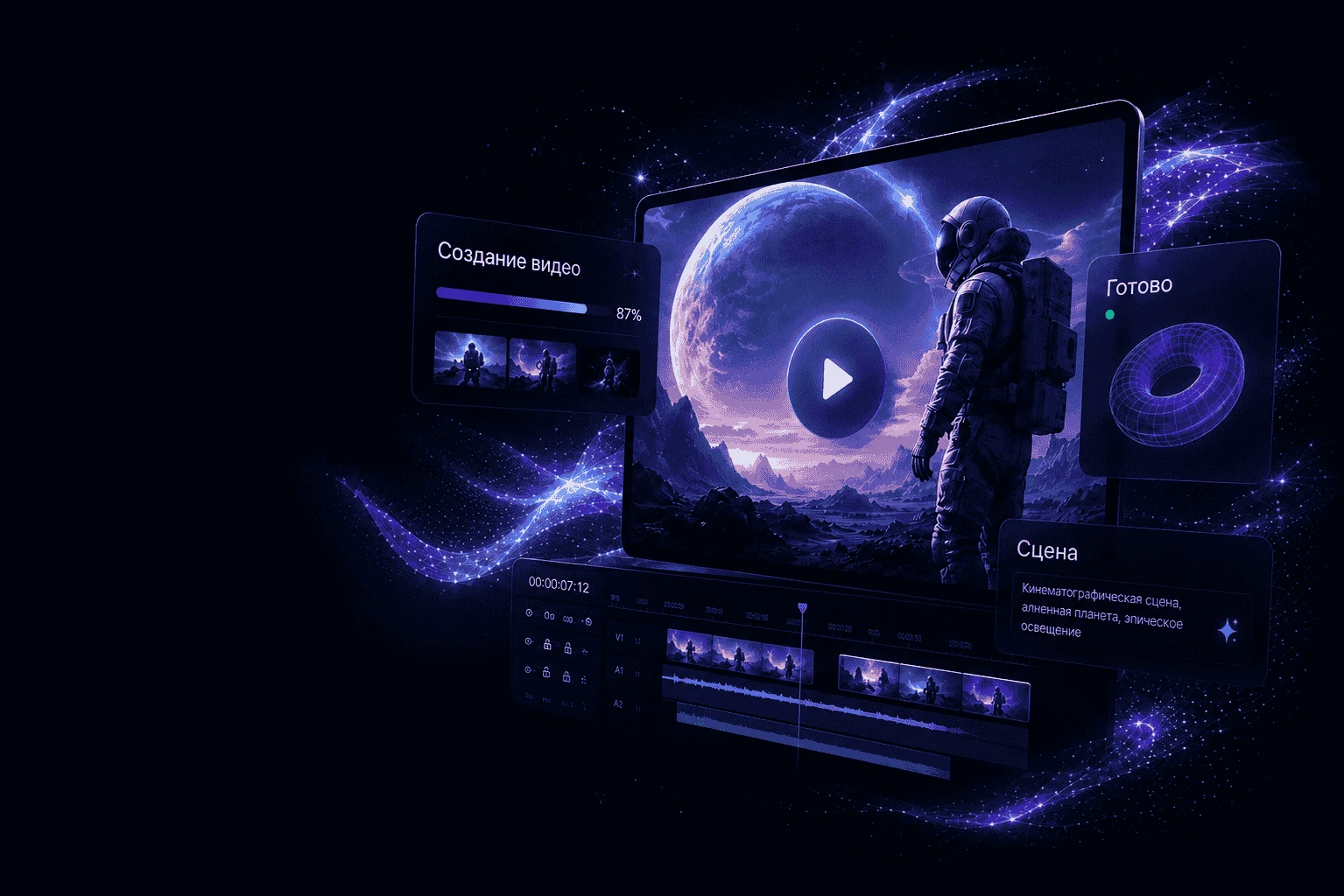 Видеопродакшен: космическая сцена и монтажная студия